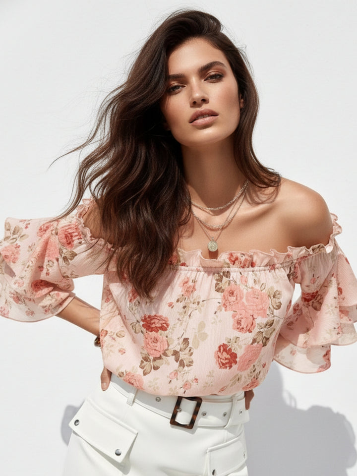 Peach Off Shoulder Printed Ruffle Sleeve Top