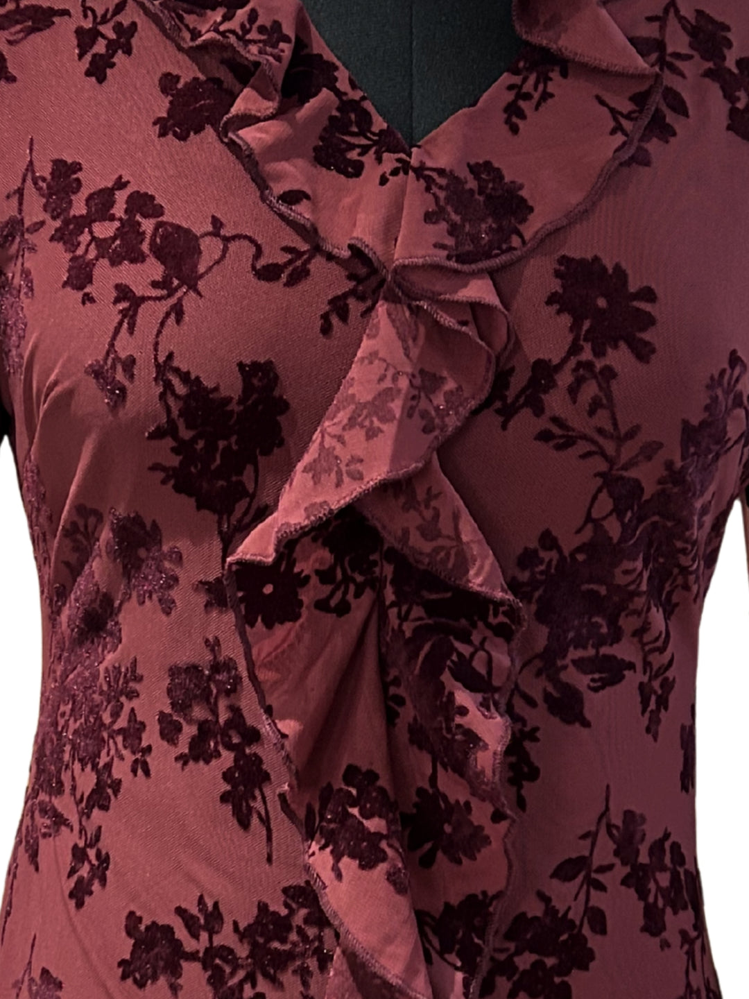 Wine Floral Mesh Ruffle Detail Dress