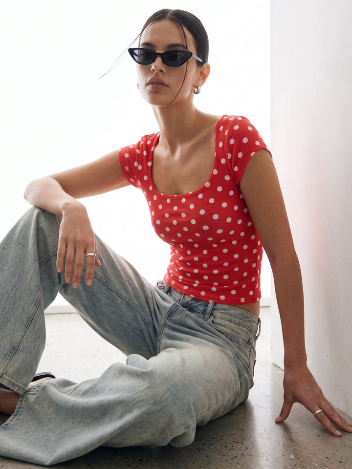 Red Scoop Neck Polka Dotted Top