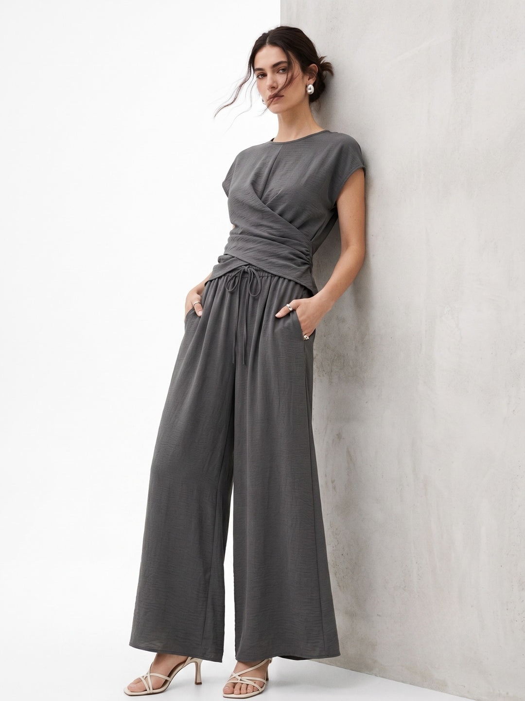Grey Wrap Hem Detail Top With Wide Leg Pants Co-Ord Set