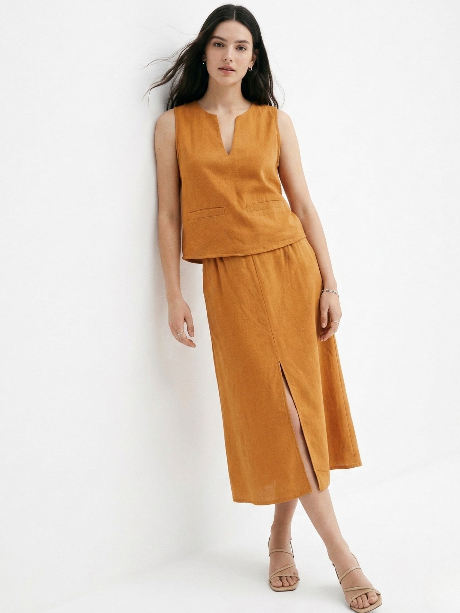 Brown Sleeveless Top And Skirt Set
