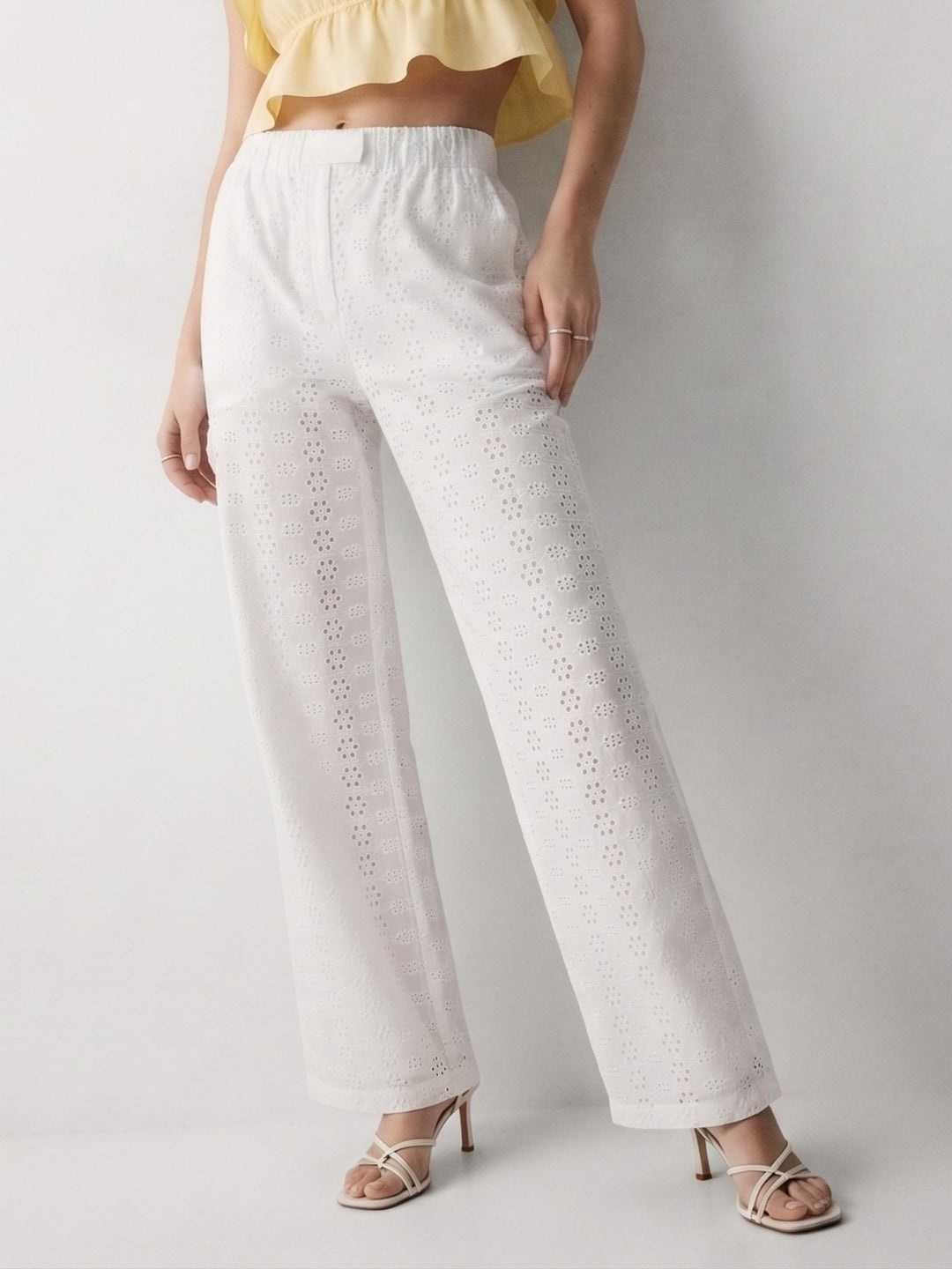 White High Waist Wide Leg Schiffili Trouser
