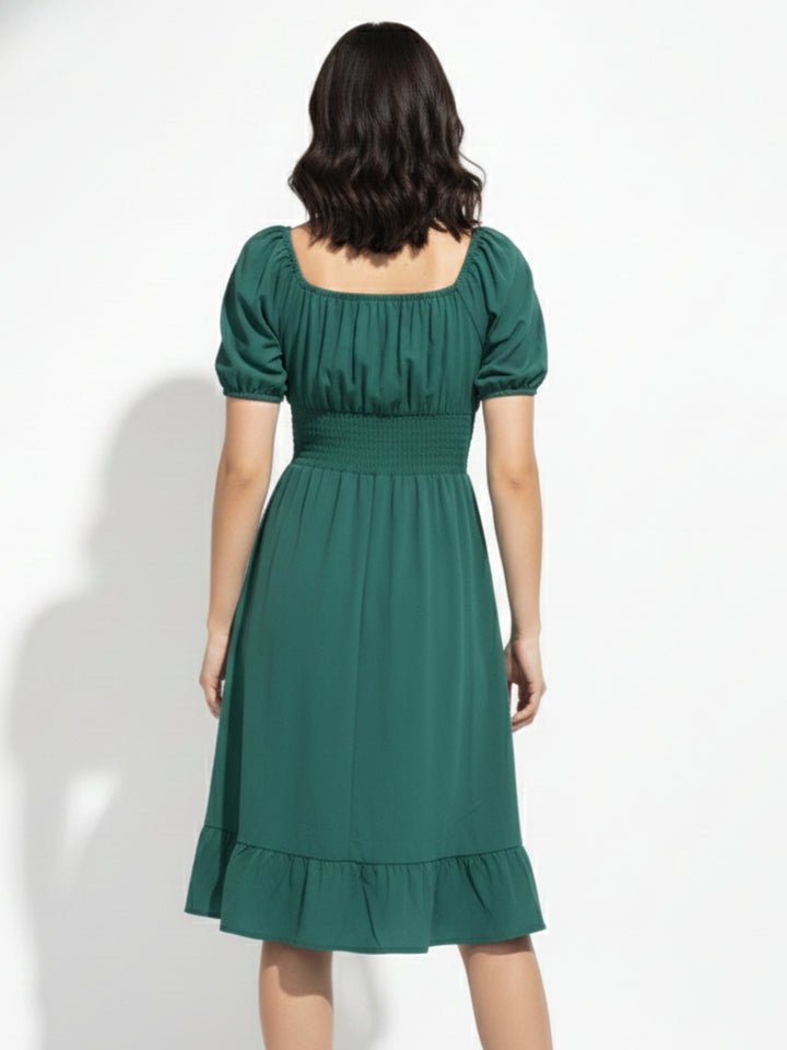 Green Square Neck Cinched Waist Dress
