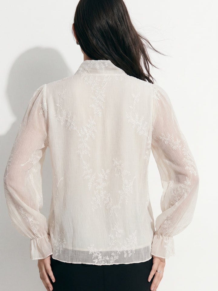 Off White High Neck Floral Lace Top With Neck Tie Up Detail