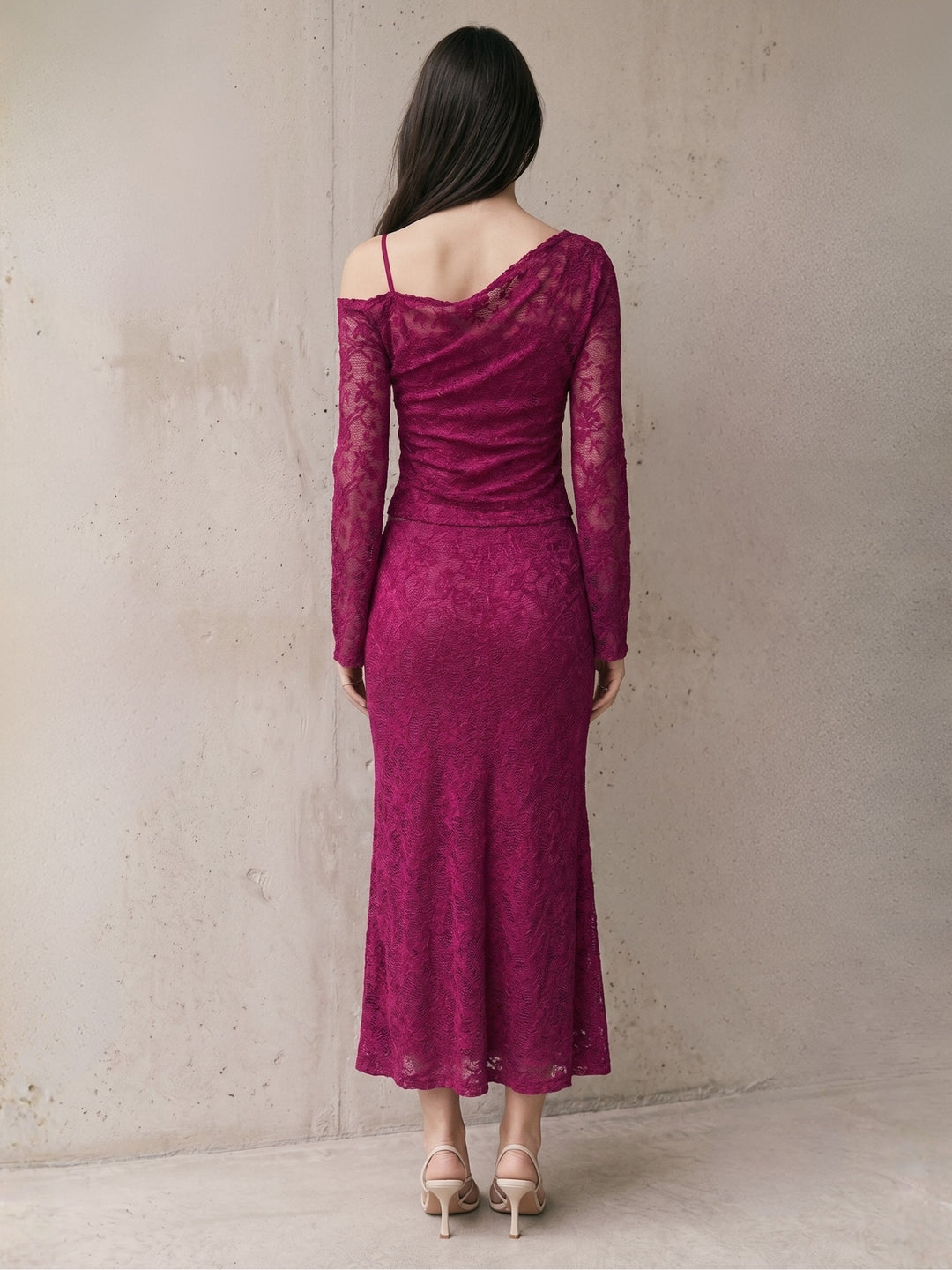 Maroon Bell Sleeve Cold Shoulder Lece Top And Lace Skirt
