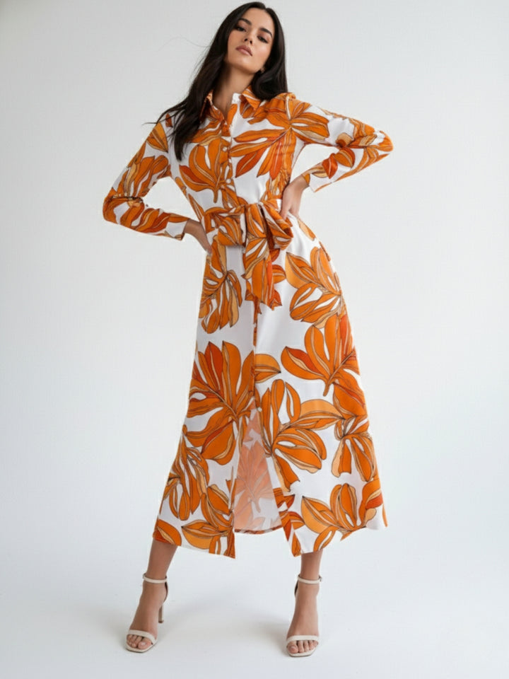Orange Printed Shirt Tie Up Midi Dress