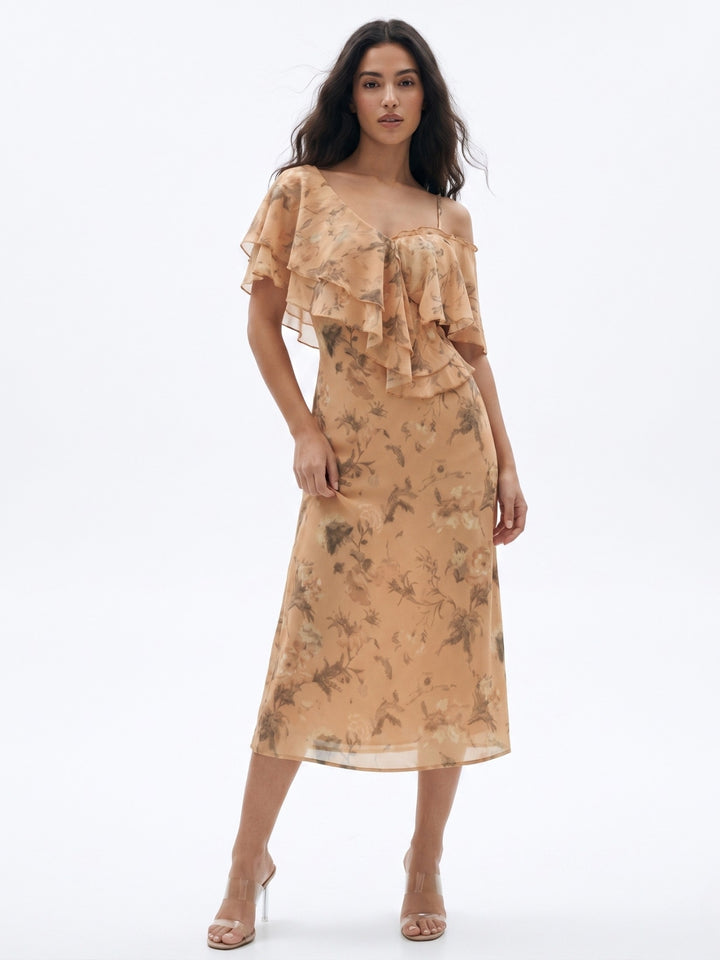 Orange Ruffle Neck Printed Dress