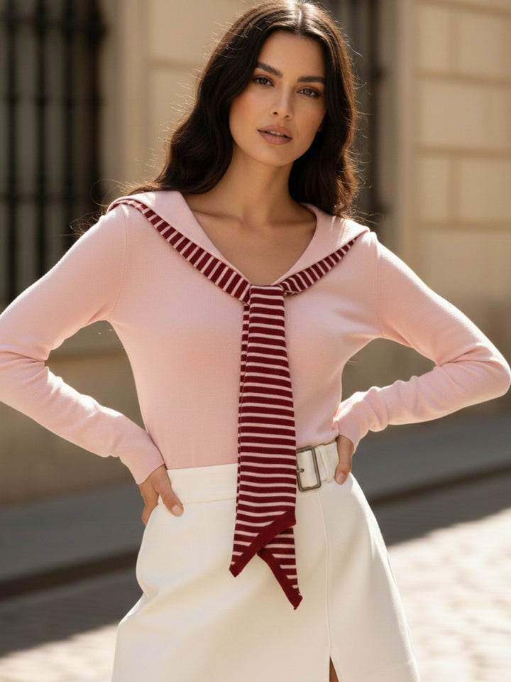 Pink Full Sleeve V Neck Tie Up Top