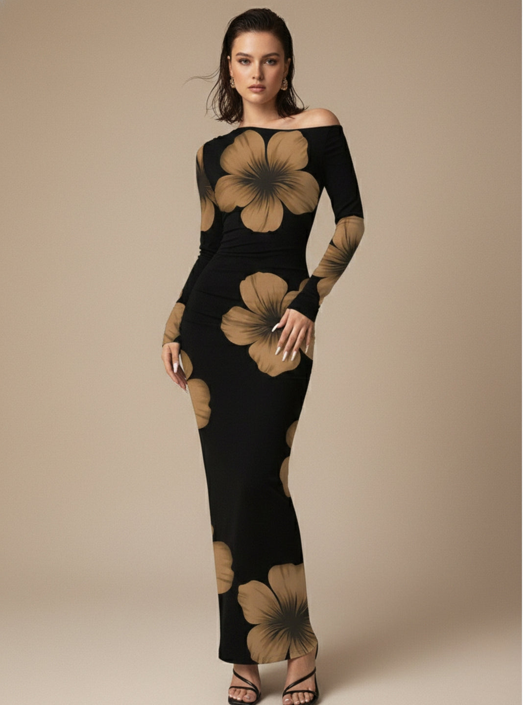 Black One Shoulder Floral Printed Dress