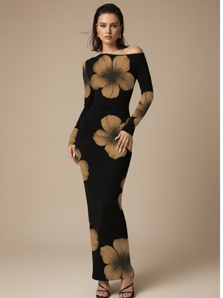 Black One Shoulder Floral Printed Dress