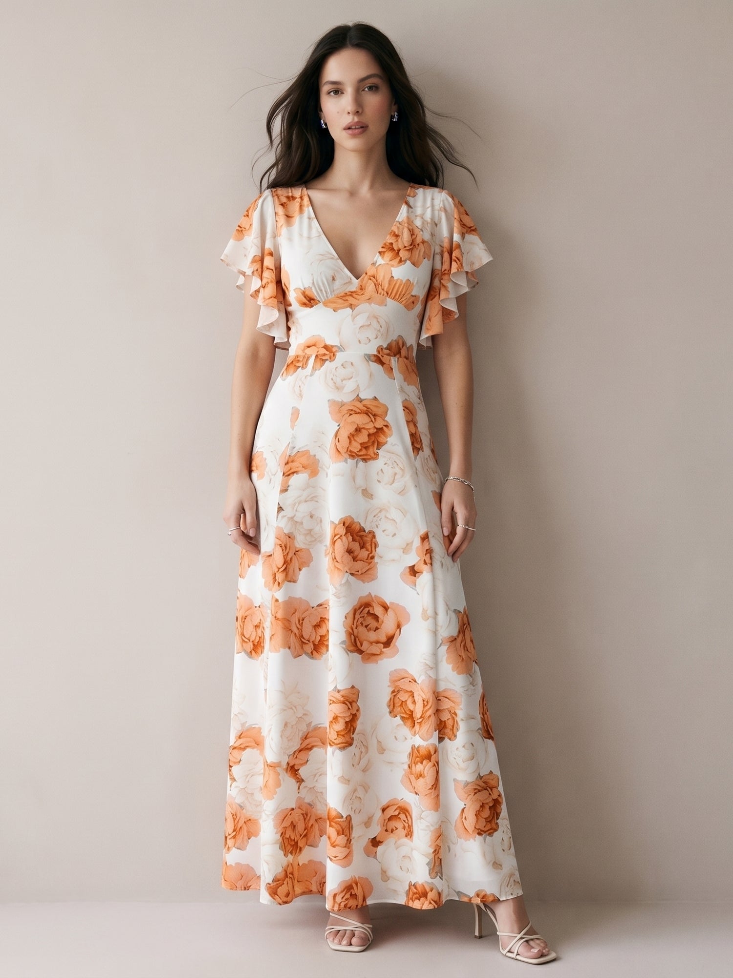 Orange Maxi Dress With Flared Sleeve