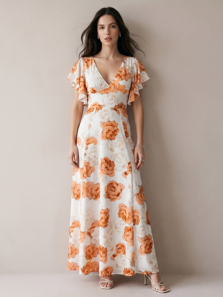 Orange Maxi Dress With Flared Sleeve