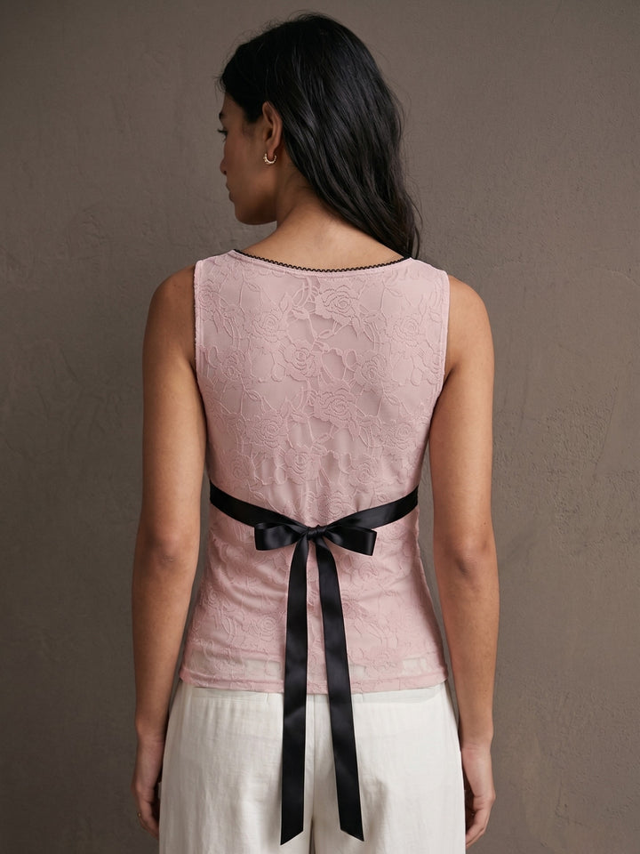Pink Lace Top With Bow Detailing
