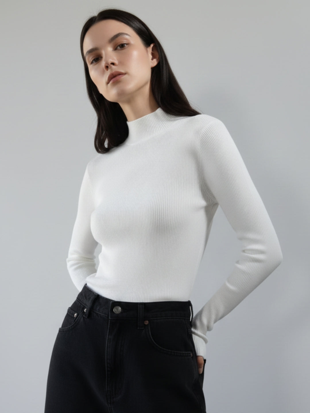 White Full Sleeve Mock Neck Fitted Sweater