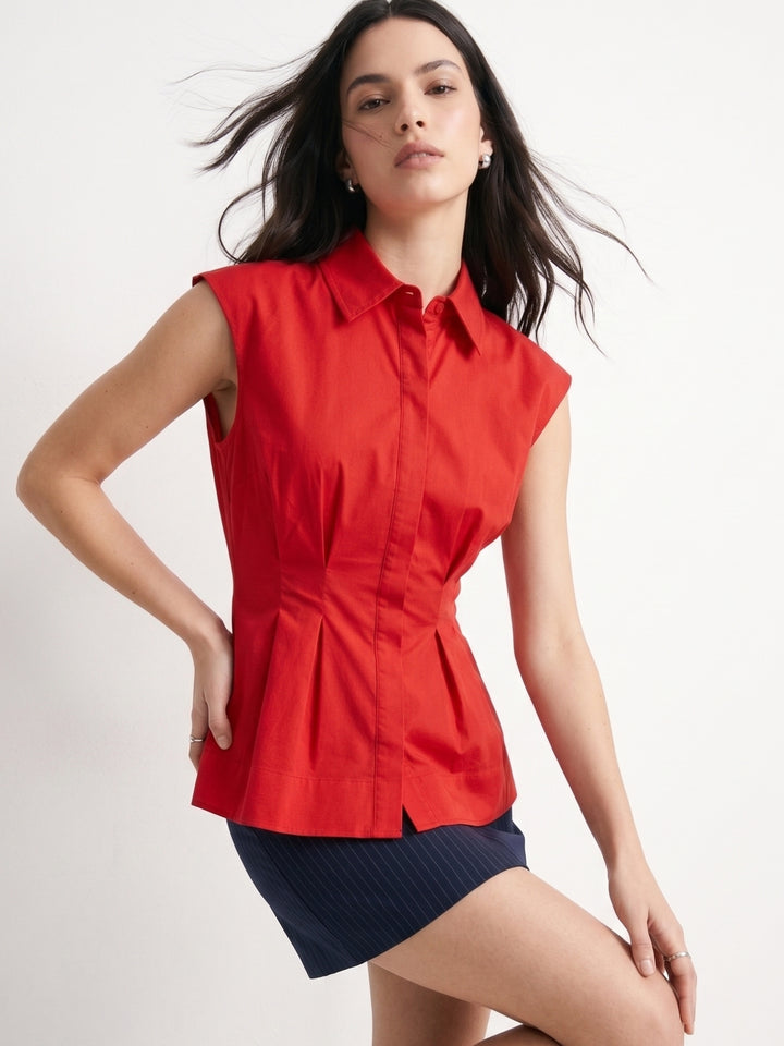 Red Waist Fitted Collared Neck Front Buttoned Shirt