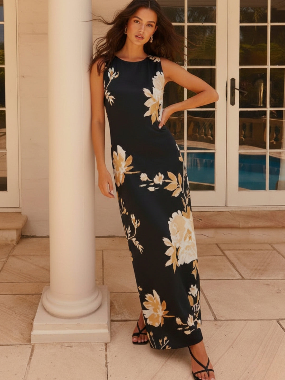Navy Blue Sleeveless satin maxi dress