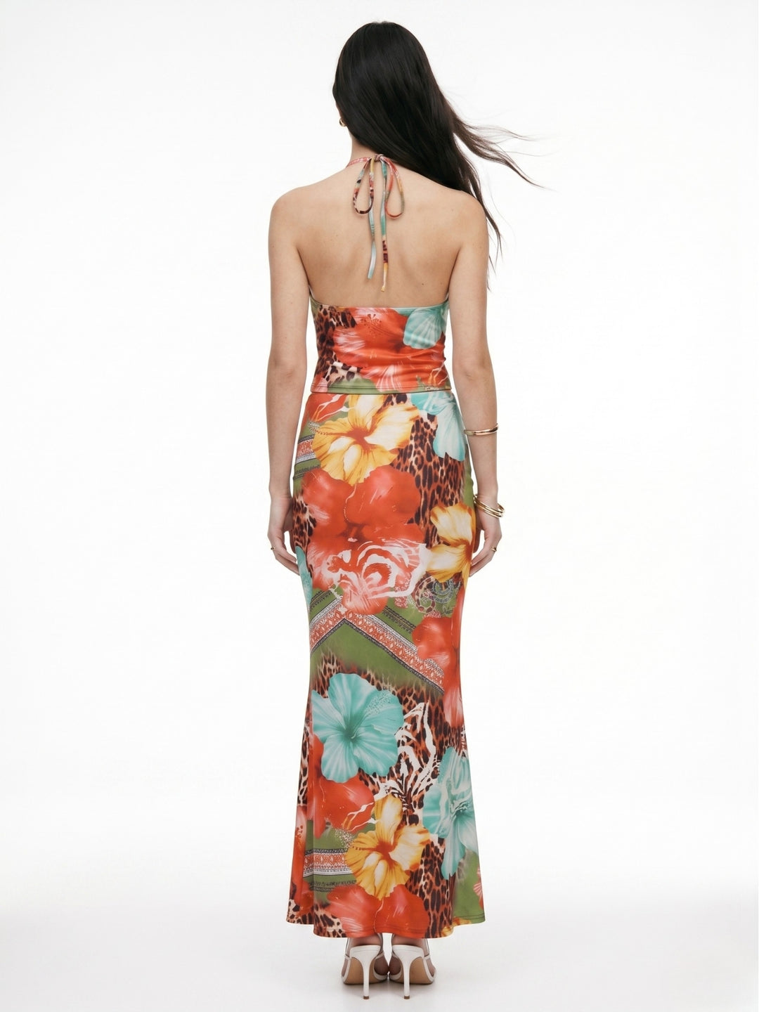 Multi Halter Neck Printed Top And Skirt Set