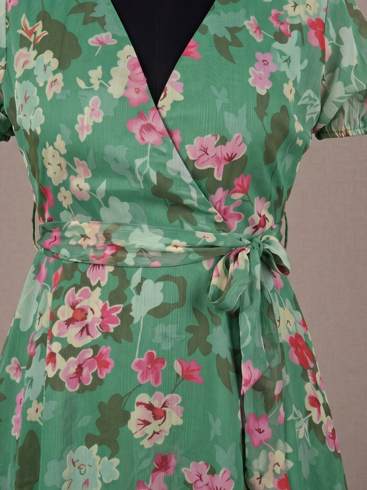 Green Mini Length Tiered Printed Dress