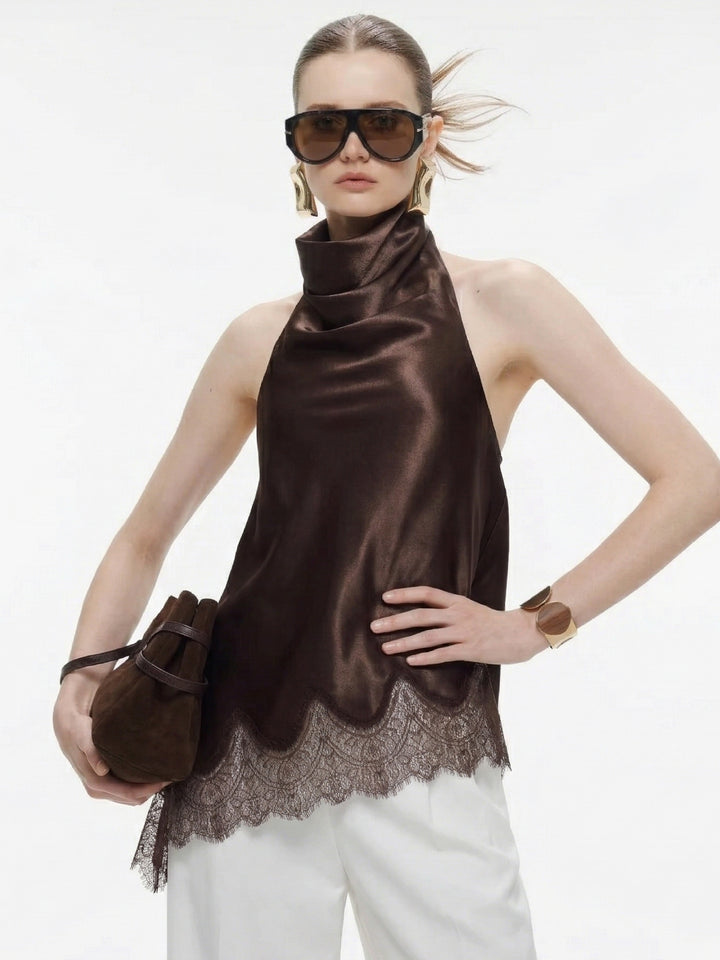 Brown High Neck Satin Top With Lace Hem