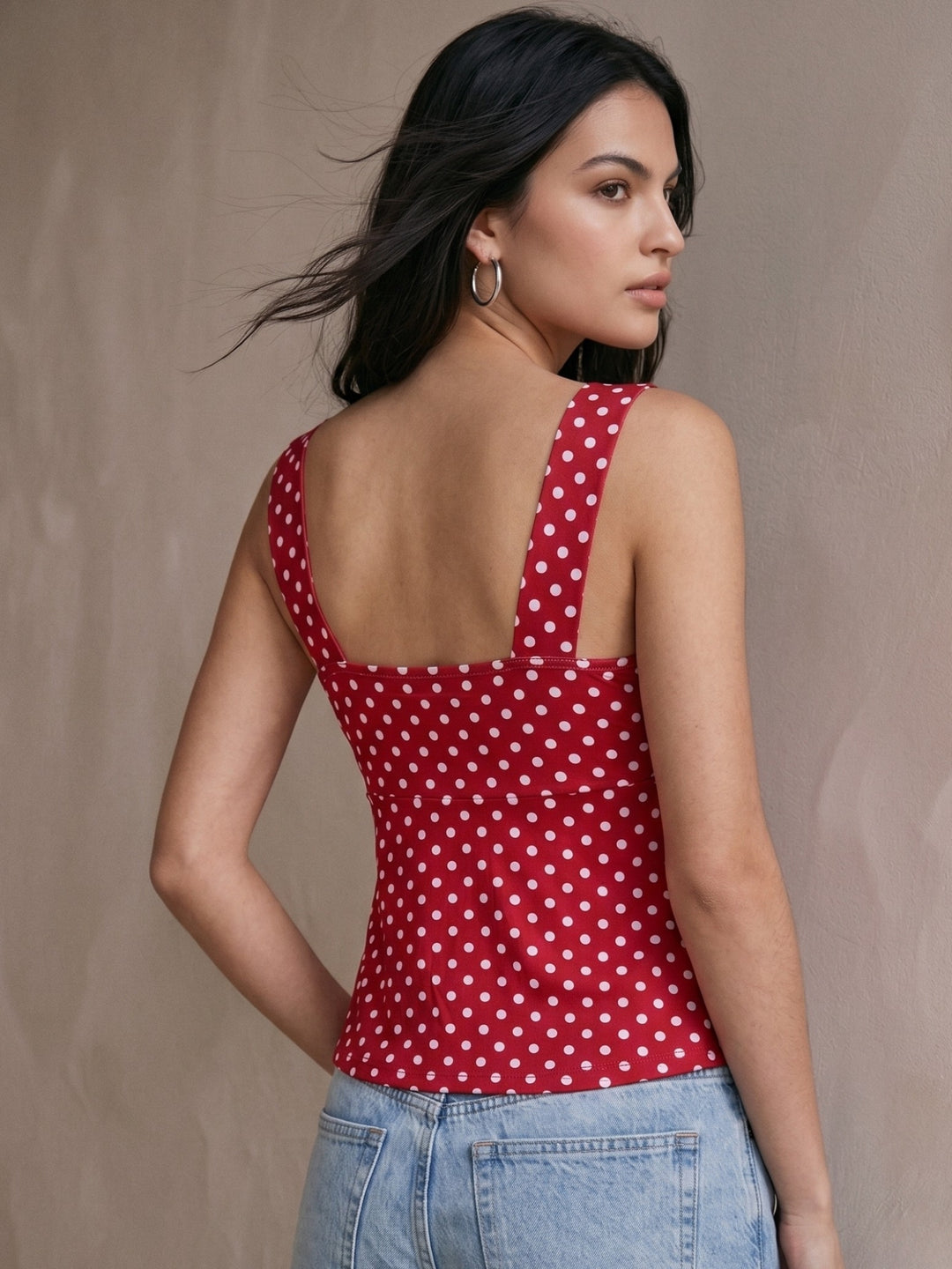 Red Polka Dotted Sweetheart Neckline Peplum Top