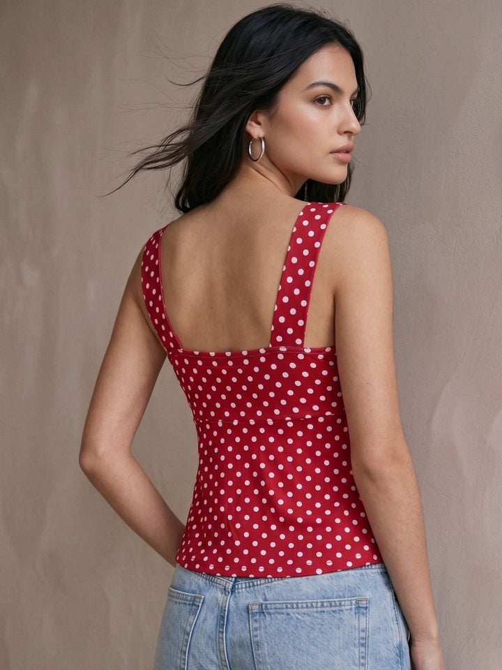Red Polka Dotted Sweetheart Neckline Peplum Top