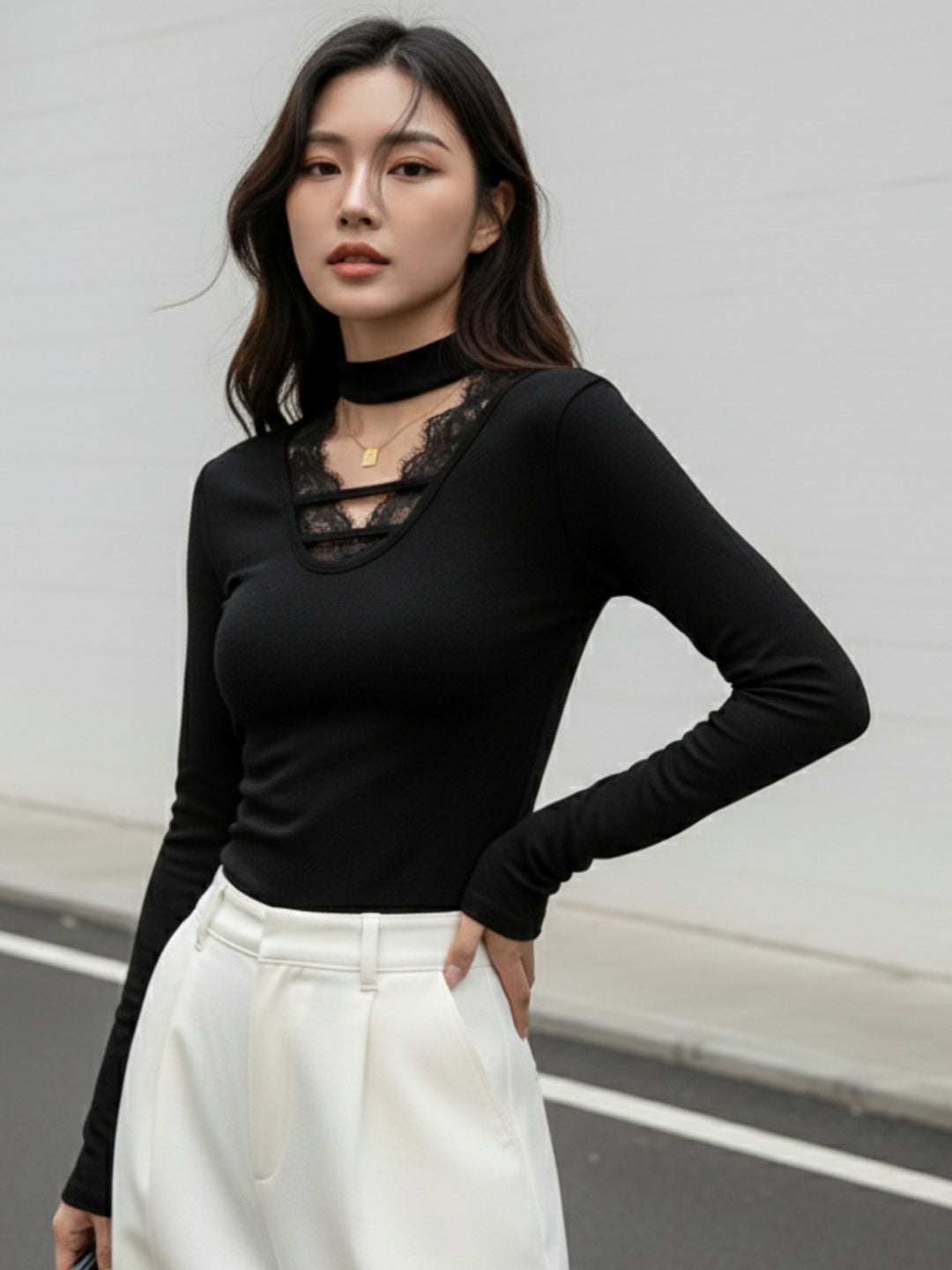 Black Full Sleeve Neck Detail Fitted Top