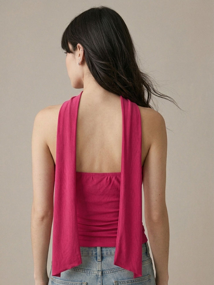 Pink Solid Tube Mesh Top With Scarf Detail