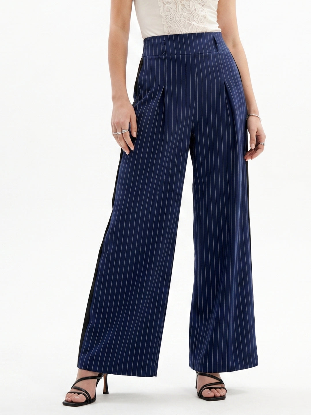 Blue Wide Leg Pleated Trouser With Belt Detail