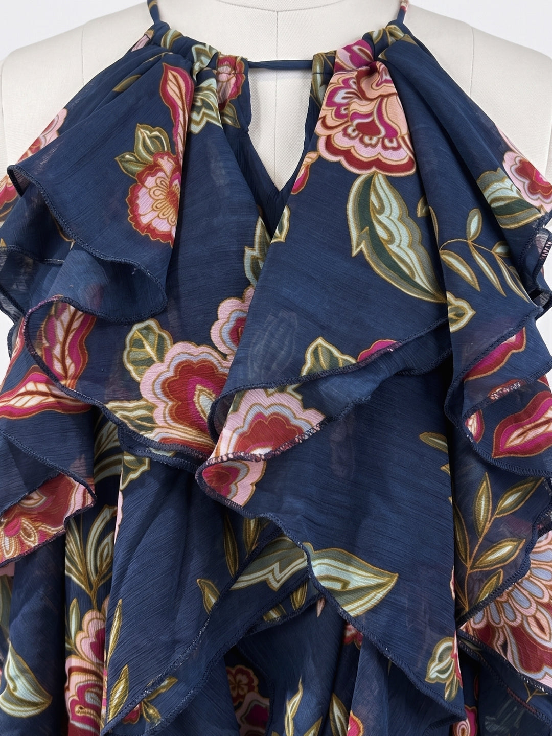 Navy Blue Halter Neck Ruffles Flared Printed Top
