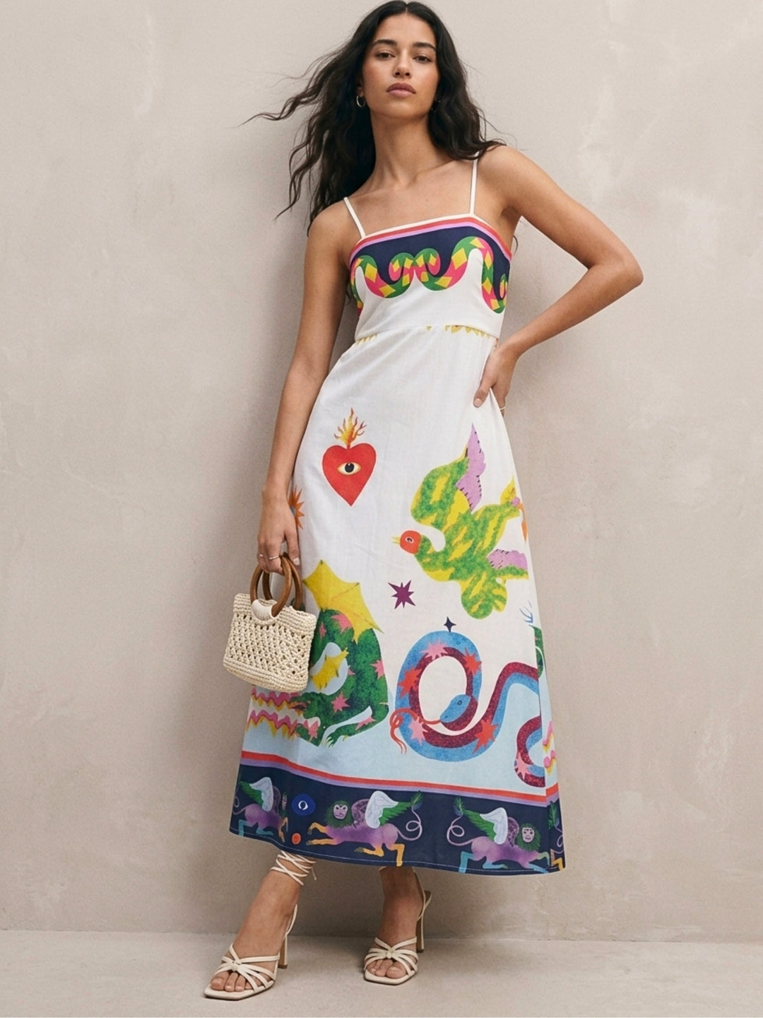 Off White Tropical Print Flared Maxi Dress
