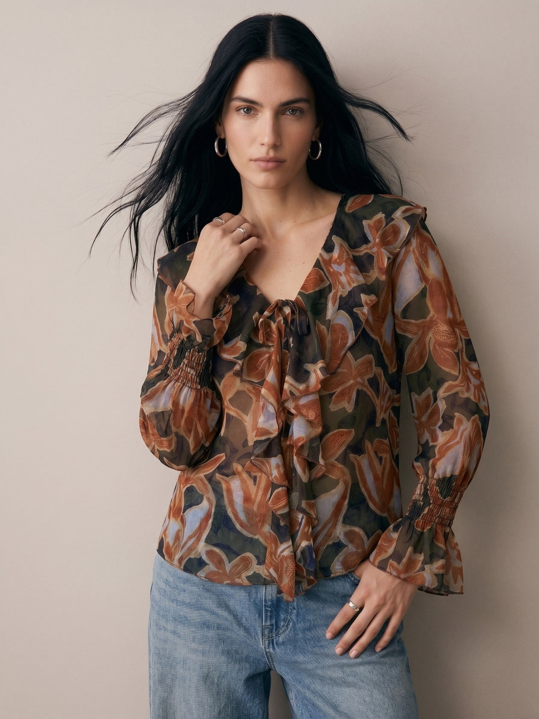 Brown V Neck Printed Neck Tie Up Ruffled Blouse