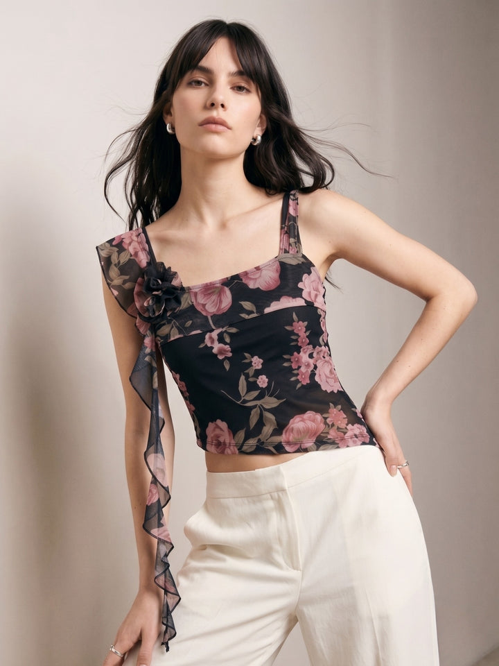 Black All Over Floral Printed Fitted Top