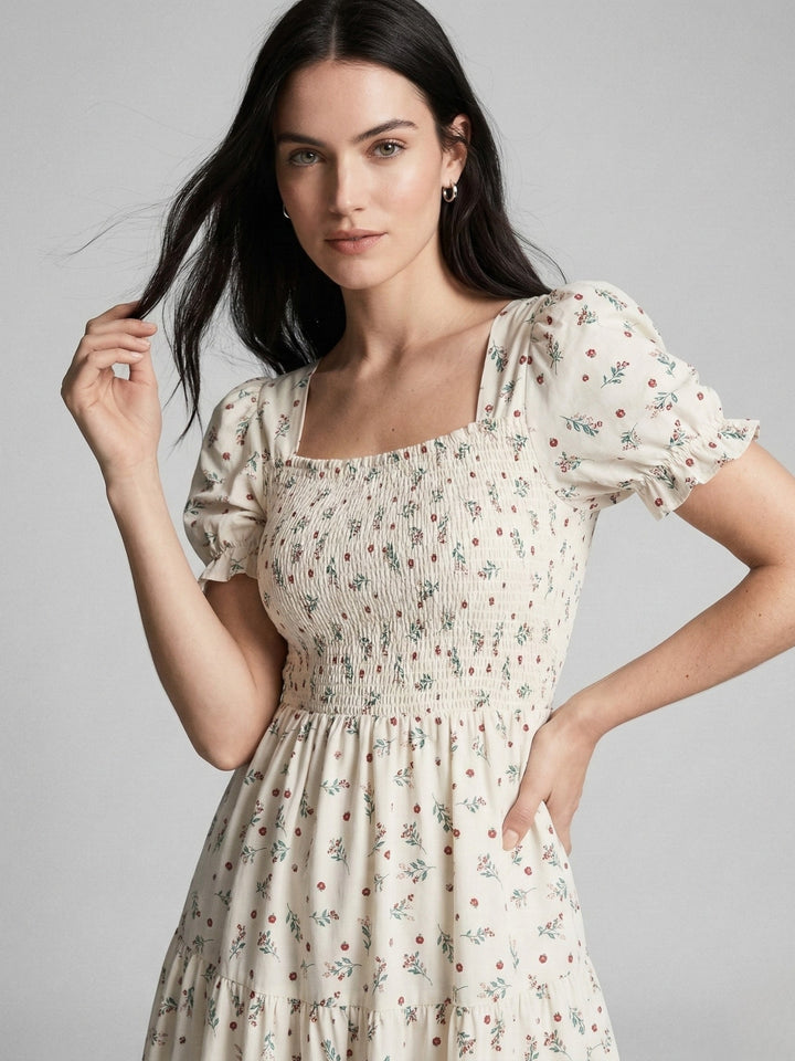 Cream Short Sleeve Square Neck Dress