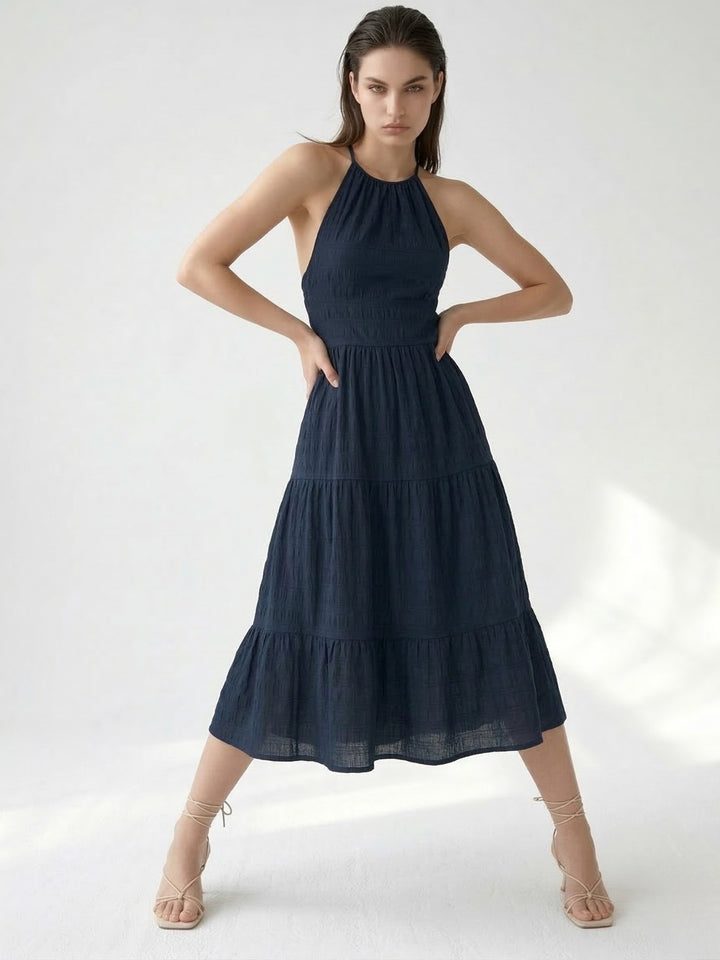 Navy Blue Halter Neck Tiered Dress