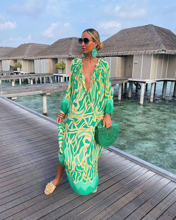 Green Abstract Print Full Sleeve Dress