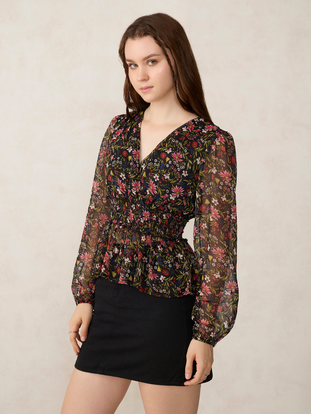 Black Printed Peplum Top