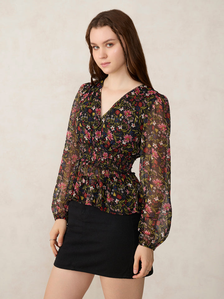Black Printed Peplum Top