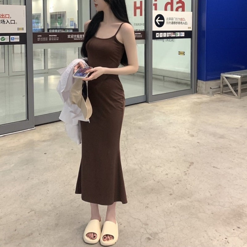 Brown U Neck Fit Flared Dress