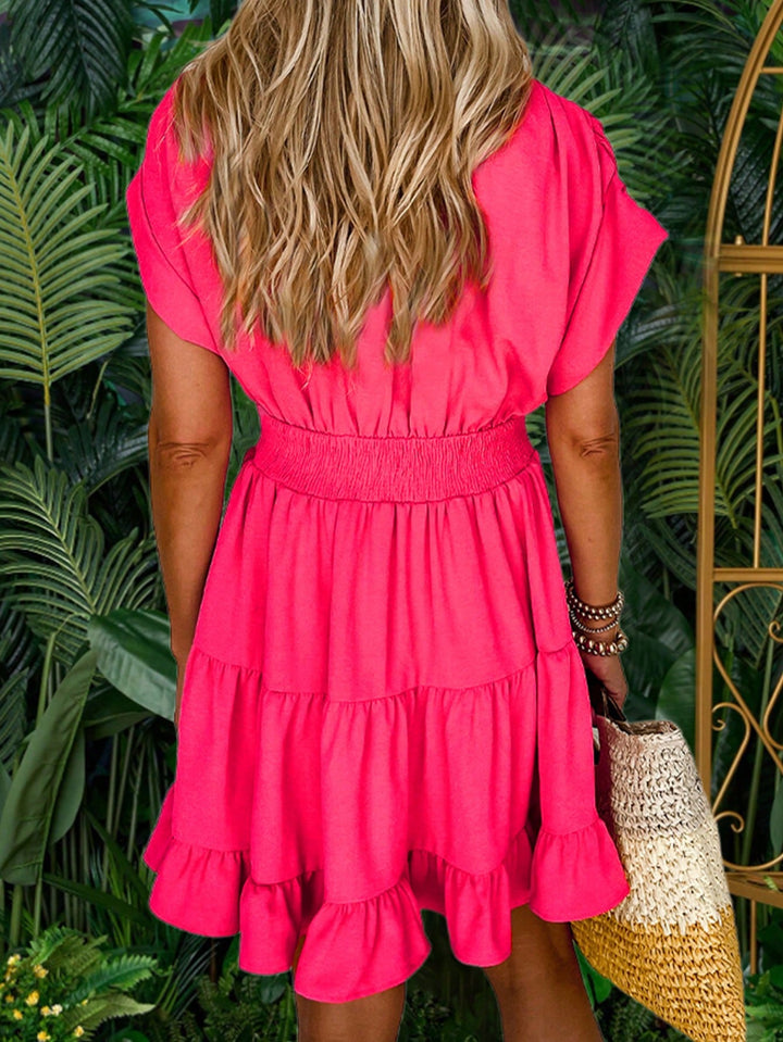 Pink Cap Sleeve V-Neck Ruffle Hem Dress