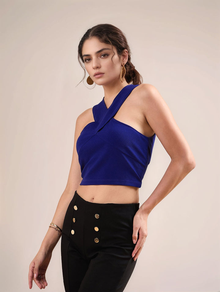 Blue Halter Neck Fitted Top