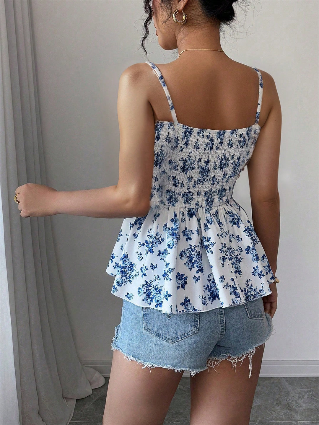 Blue Printed Shoulder Strap Flared Top