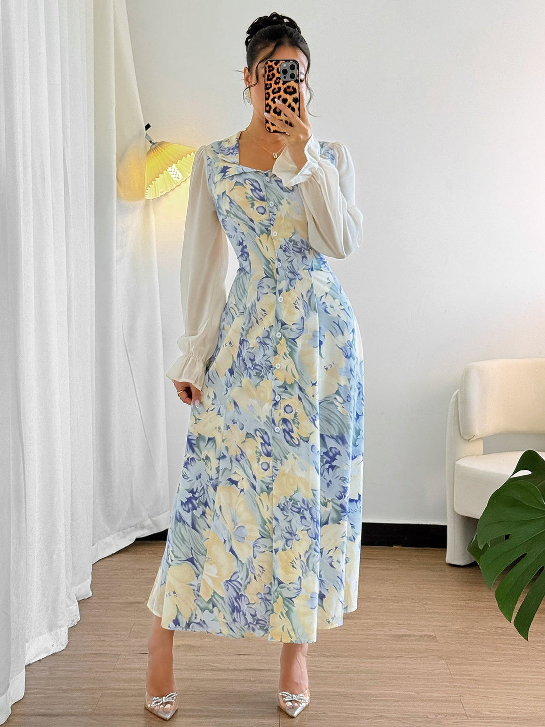 Multi Bishop Sleeve Collared Neck Dress