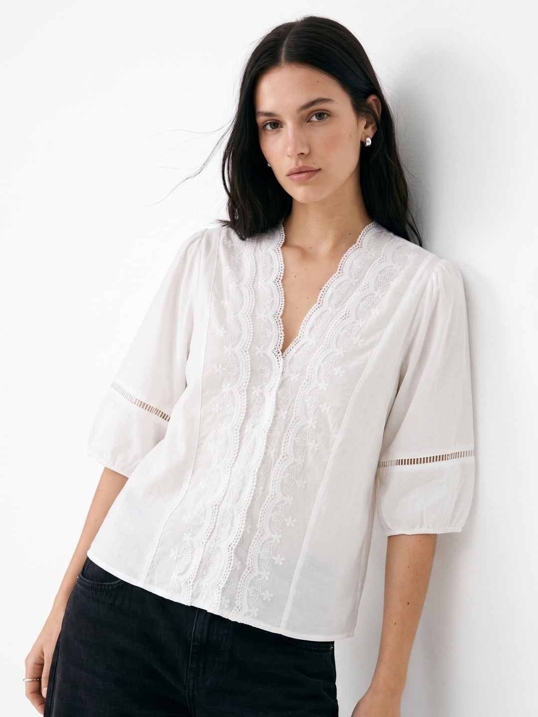 White Relaced Blouse With Sheer Lace Inserts