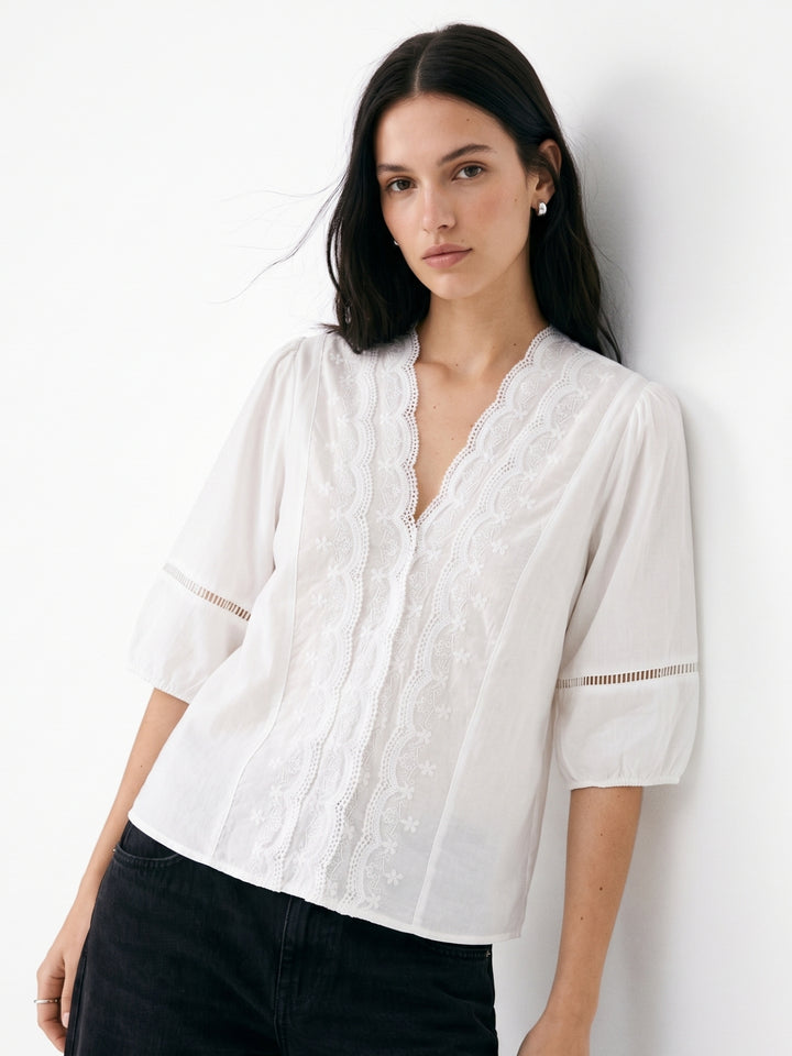 White Relaced Blouse With Sheer Lace Inserts