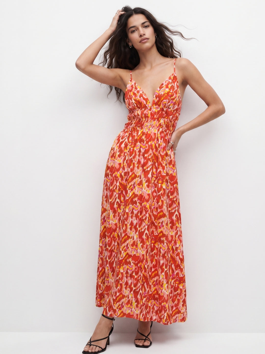 Orange Spaghetti Strap Printed Dress