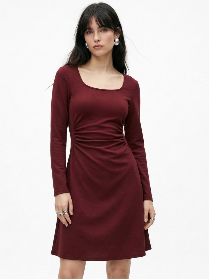 Wine Full Sleeve Round Neck Dress