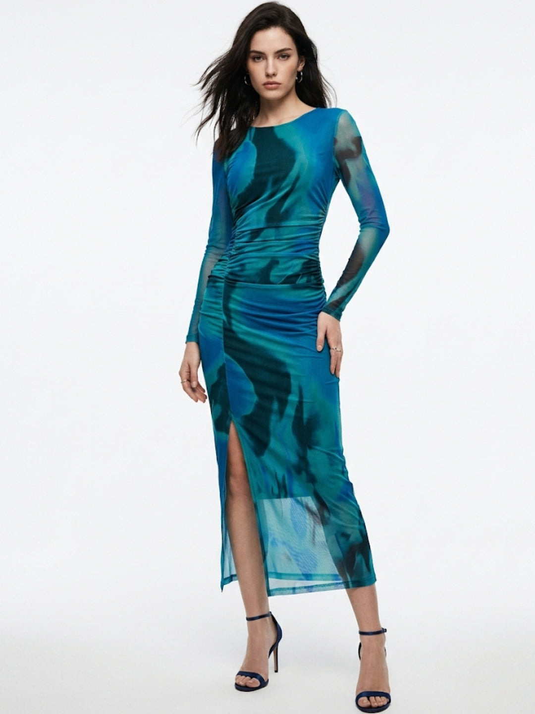 Blue Full Sleeve Floral Printed Slit Dress