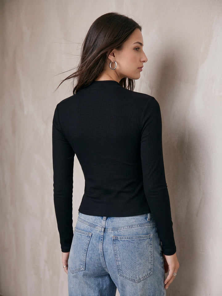 Black Mandarin Collared Metal Trim Detail Top