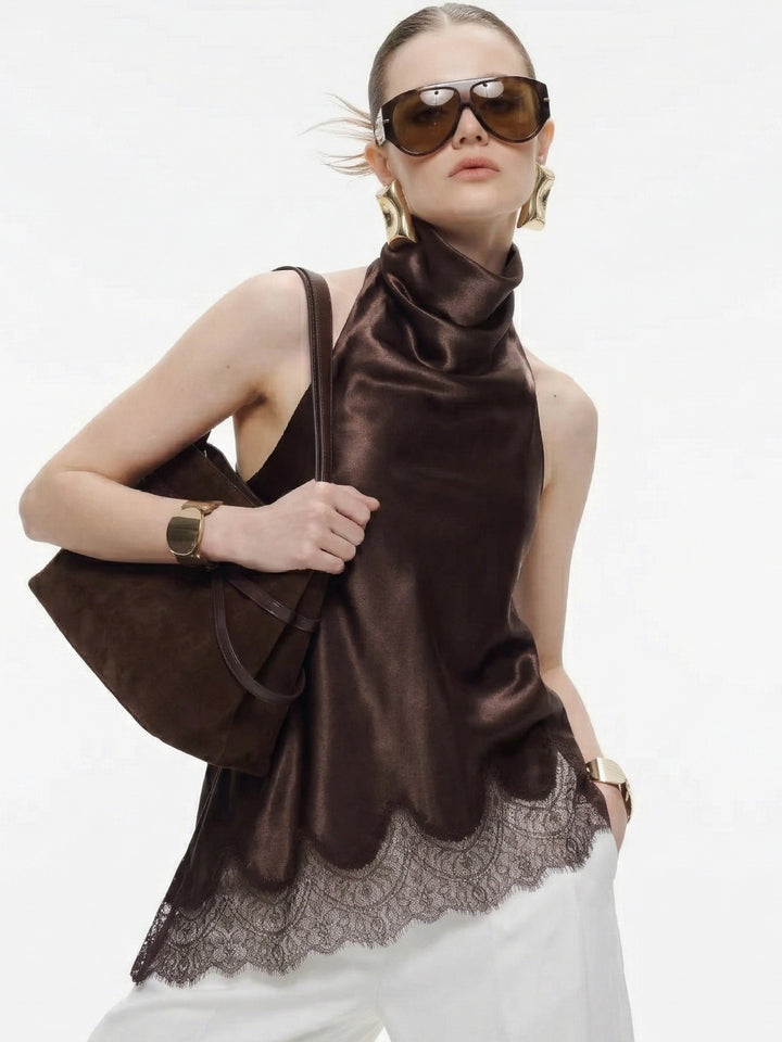 Brown High Neck Satin Top With Lace Hem