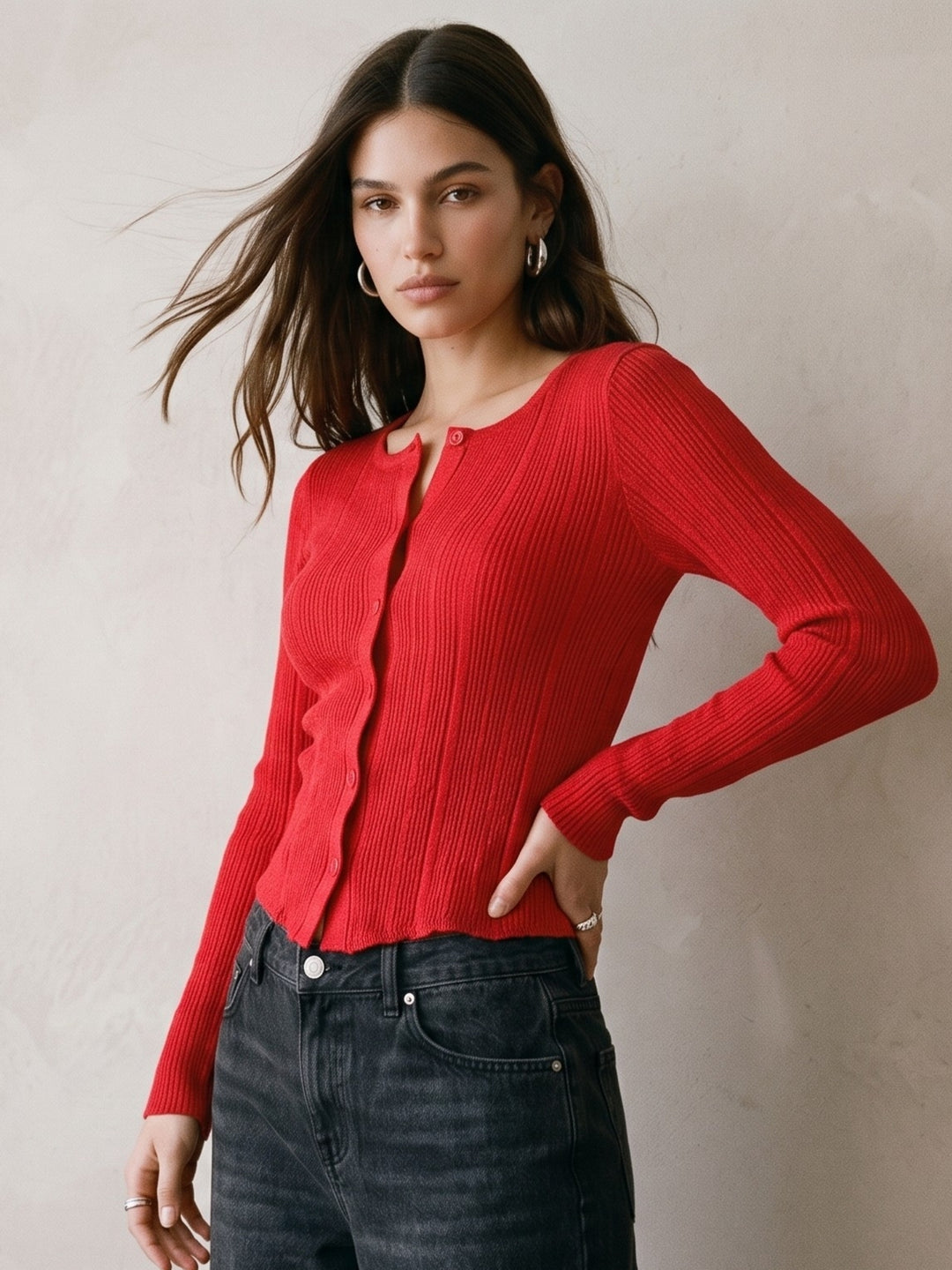 Red Button Down Cardigan Styled Top